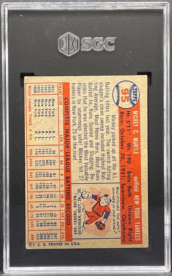1957 Topps Baseball #95 Mickey Mantle HOF Yankee Vintage Card Graded SGC 3.5 VG+ - Image 2