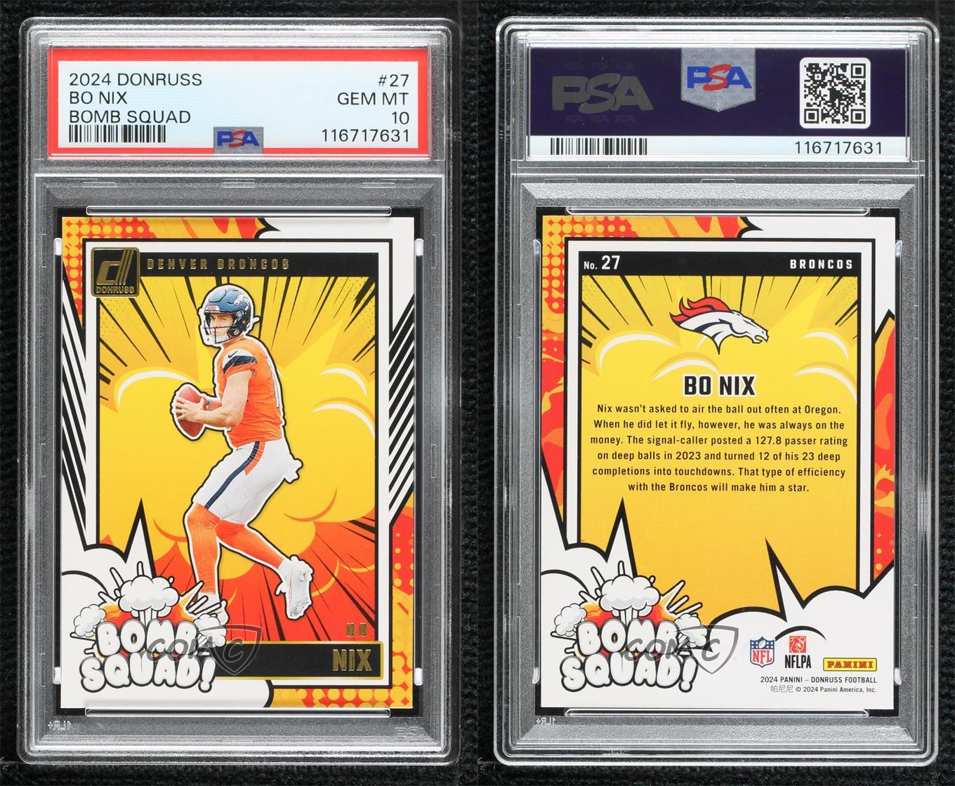 2024 Panini Donruss Bomb Squad Bo Nix #27 PSA 10 GEM MT Rookie RC - Image 2