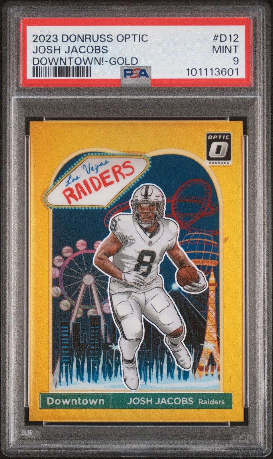 Josh Jacobs /10 Gold Downtown Case Hit 2023 Donruss Optic MINT PSA 9