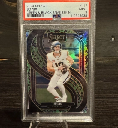 2024 Panini Select Bo Nix RC Green And Black Snakeskin Prizm Numbered 1/2 PSA 9