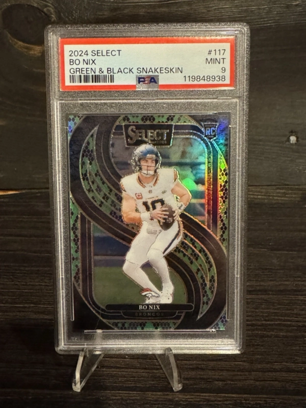 2024 Panini Select Bo Nix RC Green And Black Snakeskin Prizm Numbered 1/2 PSA 9