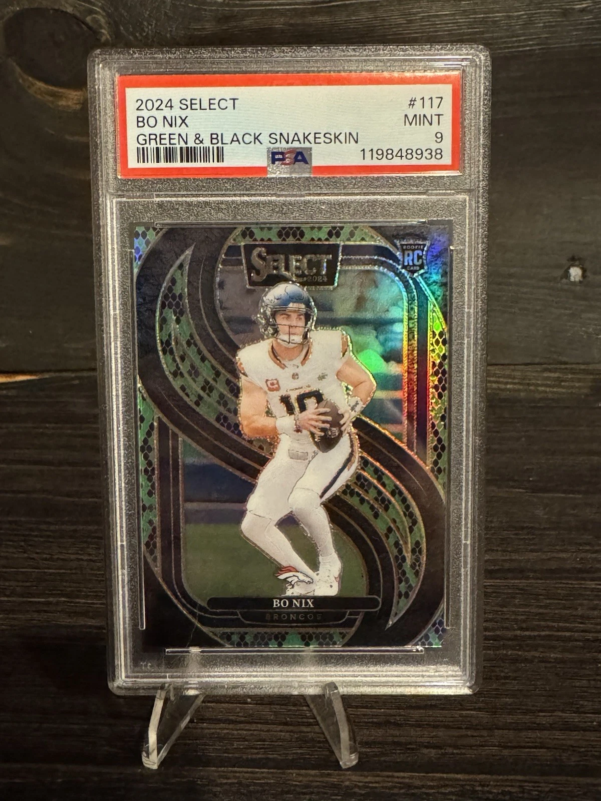 2024 Panini Select Bo Nix RC Green And Black Snakeskin Prizm Numbered 1/2 PSA 9