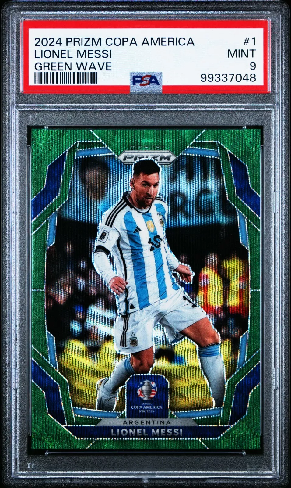 2024 PANINI PRIZM COPA AMERICA SOCCER GREEN WAVE LIONEL MESSI ARGENTINA PSA 9