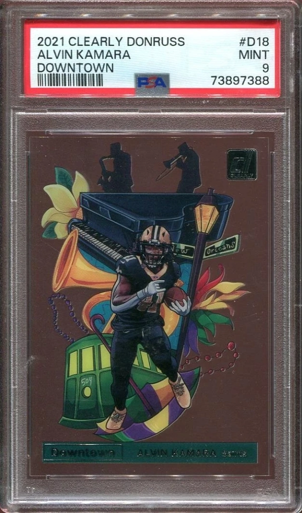 2021 Alvin Kamara Panini Clearly Donruss DOWNTOWN #D18 New Orleans Saints PSA 9