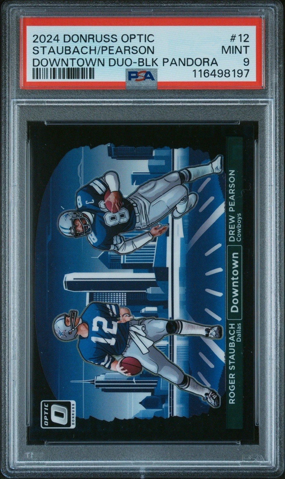 Roger Staubach/Drew Pearson /25 Downtown Black Pandora 2024 Donruss Optic PSA 9