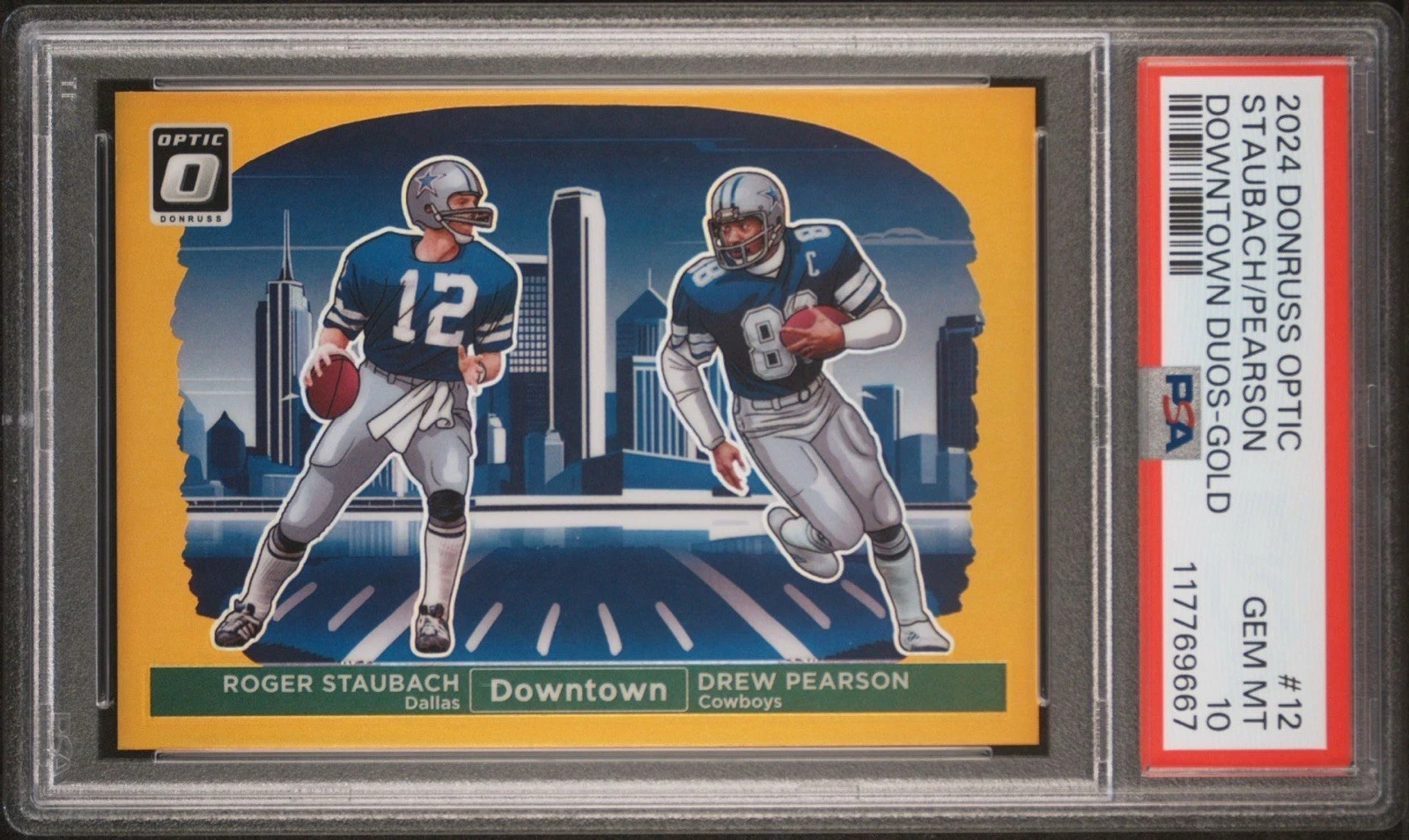 GOLD DOWNTOWN ! Optic Drew Pearson / Roger Staubach Dual 2024 Cowboys SSP PSA 10