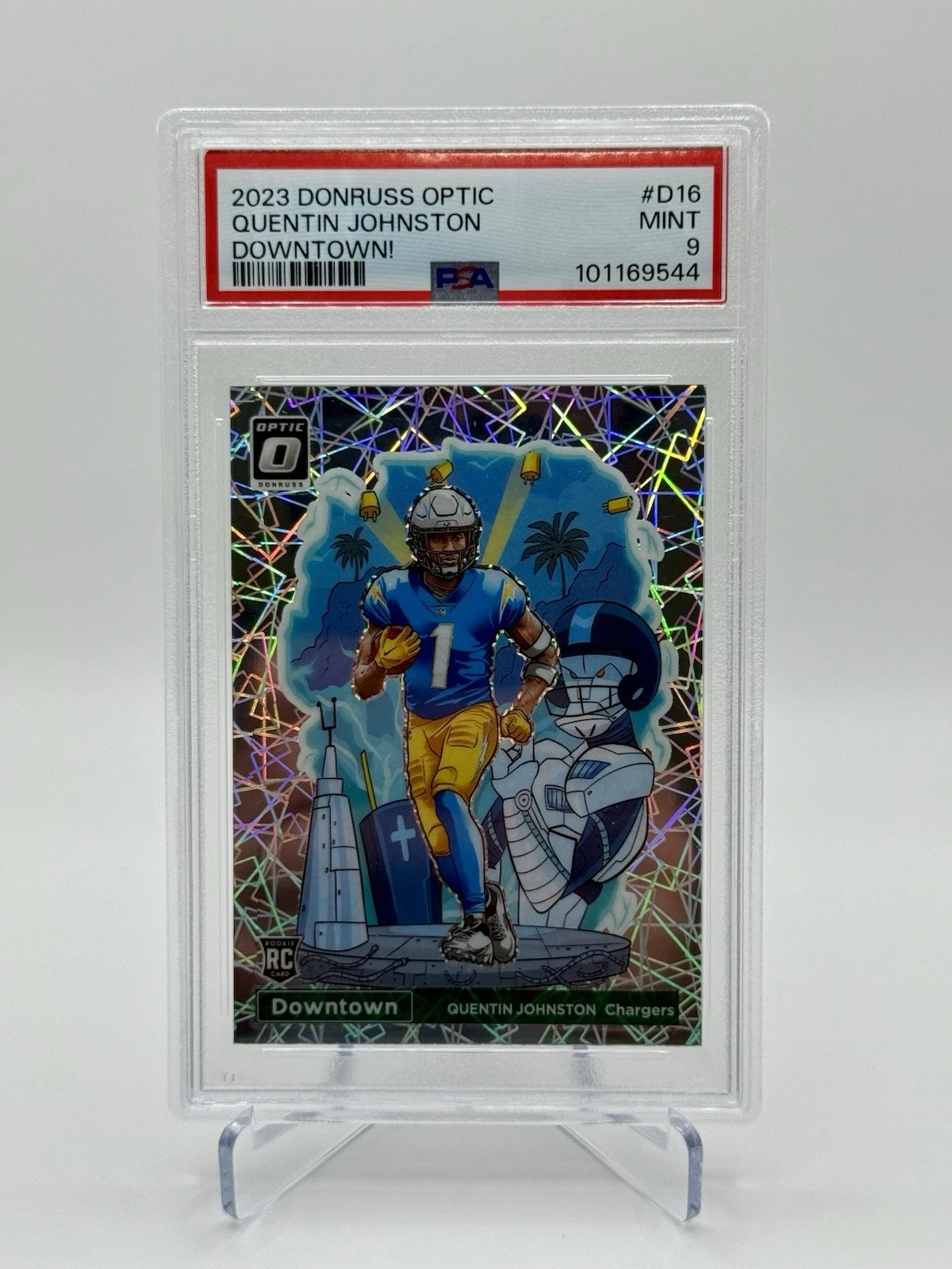 2023 Donruss Optic Downtown Quentin Johnston RC #D-16 PSA 9 SSP Chargers