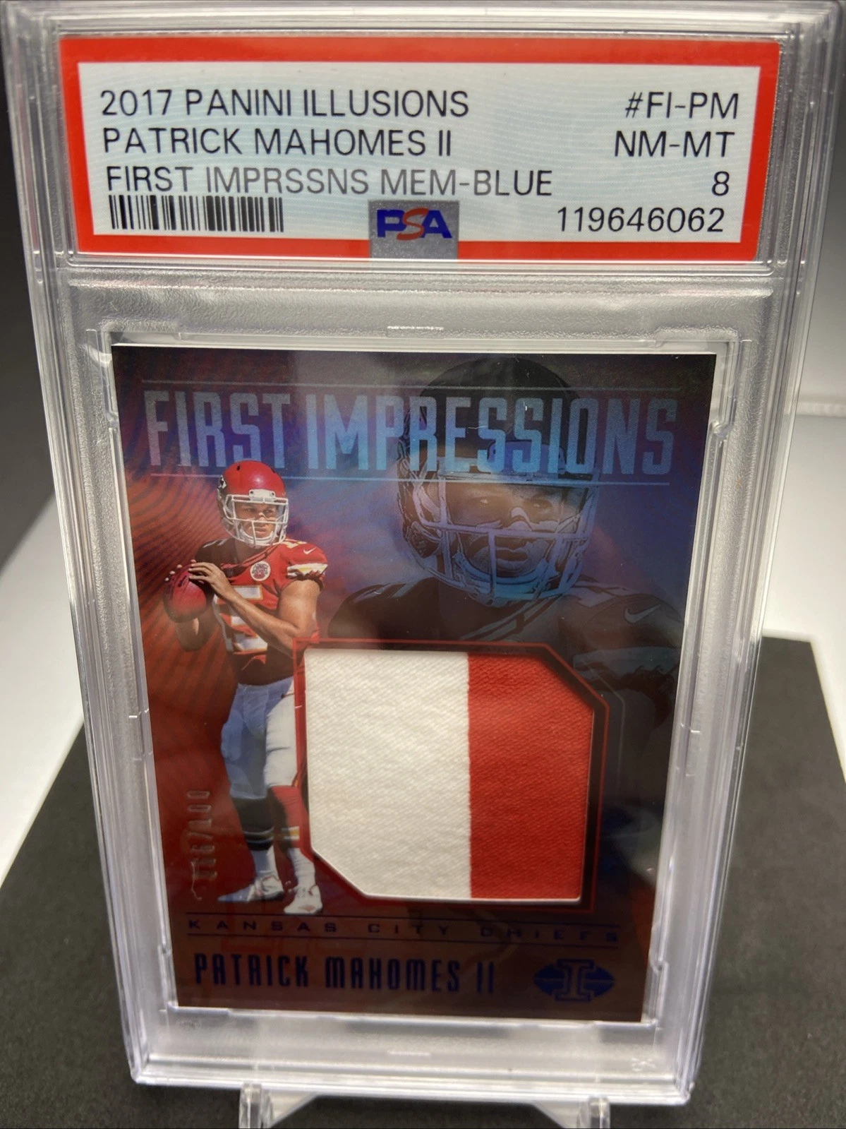 Patrick Mahomes 2017 Panini Illusions First Impressions BLUE PSA 8 RC Patch /100