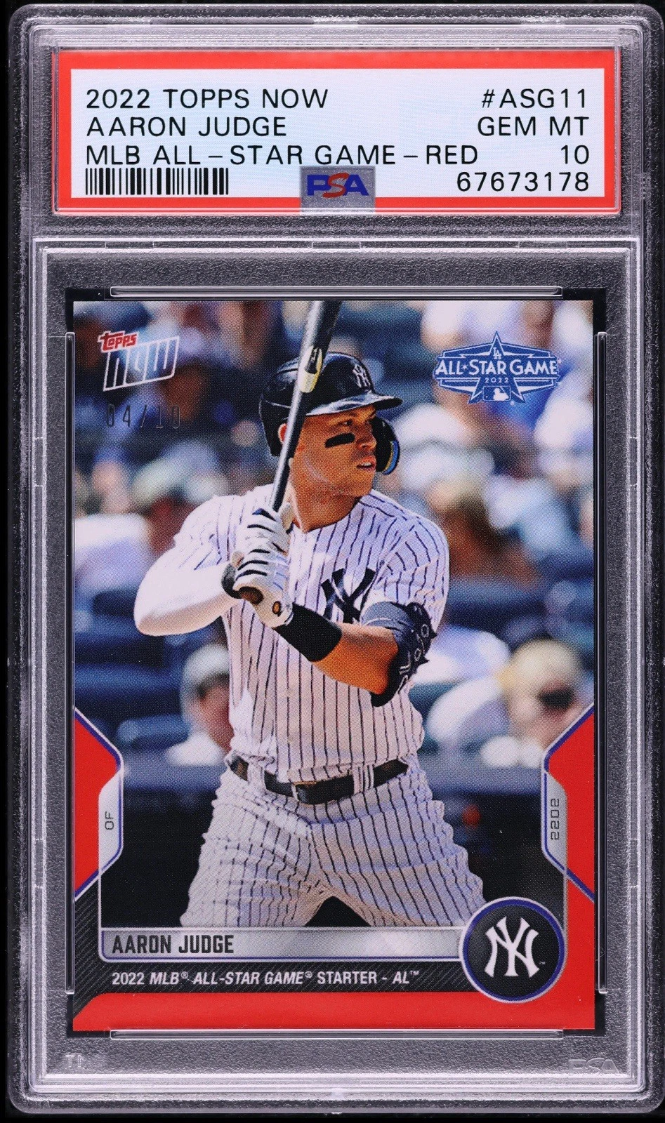 2022 Topps Now MLB All-Star Game Red Aaron Judge /10 #ASG11 PSA 10 GEM MINT