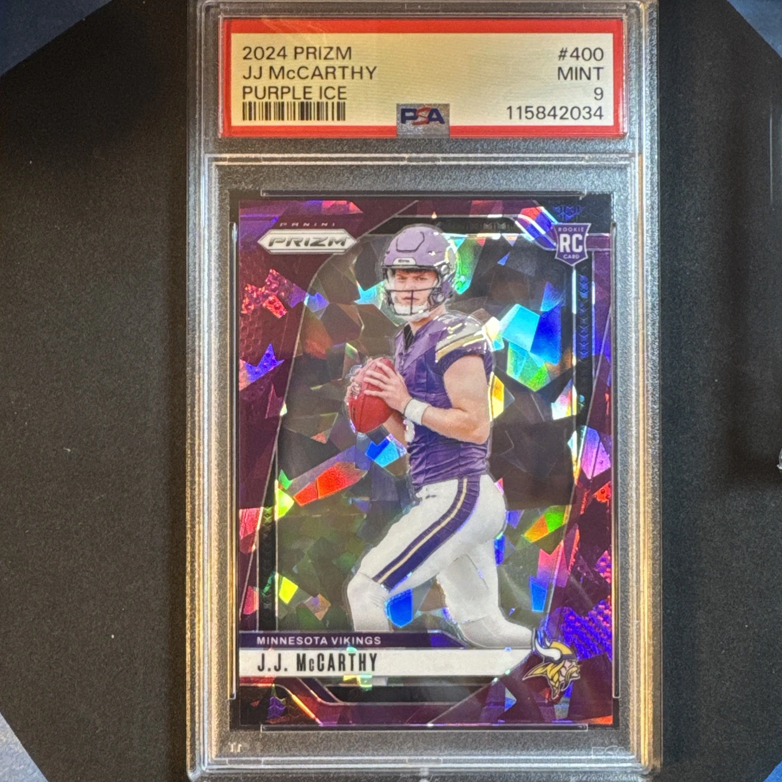 2024 Panini Prizm - Rookies J.J. McCarthy #400 Purple Ice Prizm /225 (RC) PSA 9