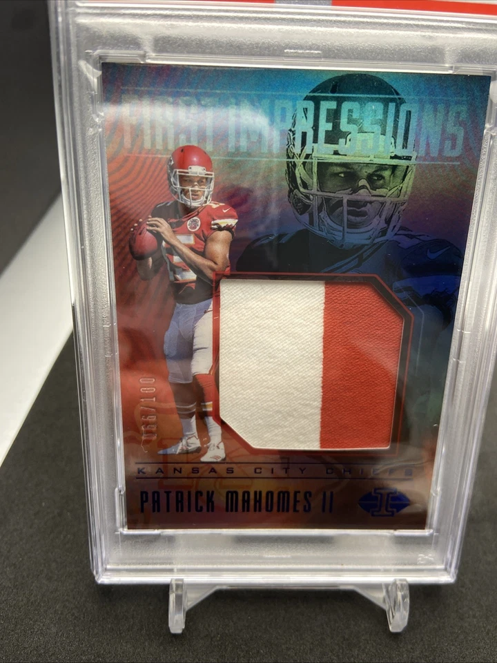 Patrick Mahomes 2017 Panini Illusions First Impressions BLUE PSA 8 RC Patch /100 - Image 4