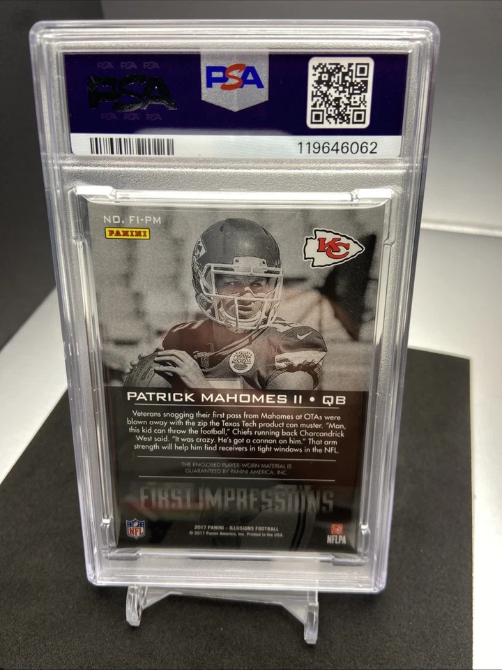 Patrick Mahomes 2017 Panini Illusions First Impressions BLUE PSA 8 RC Patch /100 - Image 2
