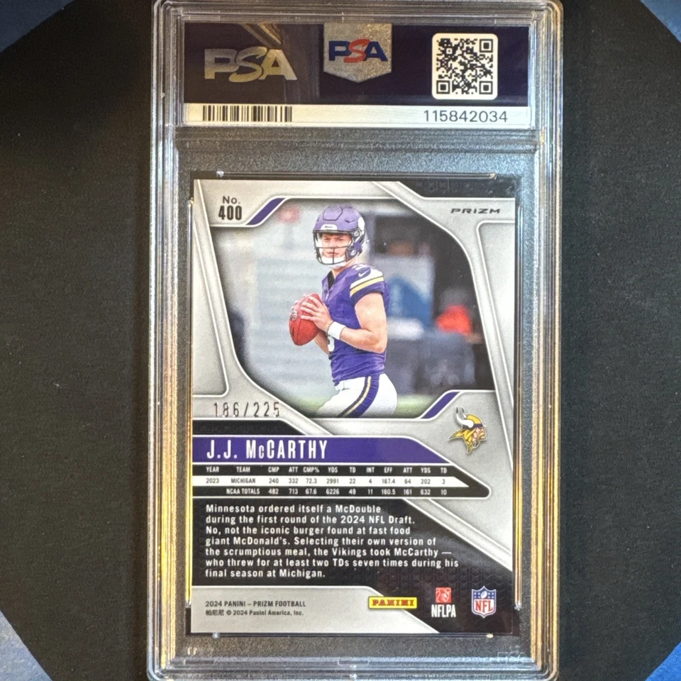 2024 Panini Prizm - Rookies J.J. McCarthy #400 Purple Ice Prizm /225 (RC) PSA 9 - Image 3