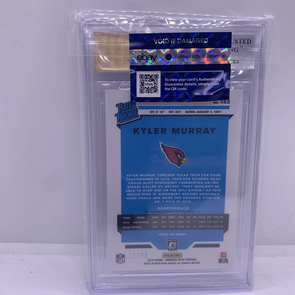 2019 Panini Optic KYLER MURRAY Rated Rookie Purple Prizm Auto #11/35 BGS 9 10 - Image 3