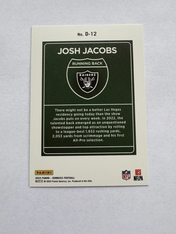 2023 Panini Donruss Downtown! Josh Jacobs #D-12 CLEAN CARD  Case hit - Image 2