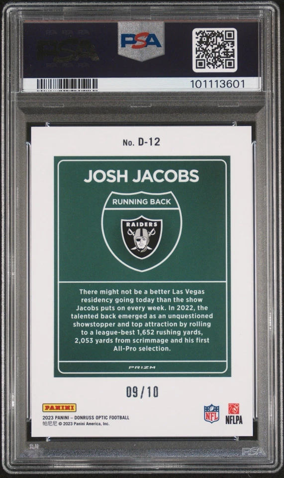 Josh Jacobs /10 Gold Downtown Case Hit 2023 Donruss Optic MINT PSA 9 - Image 3