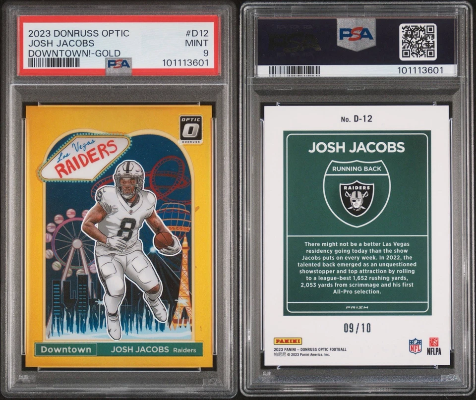 Josh Jacobs /10 Gold Downtown Case Hit 2023 Donruss Optic MINT PSA 9 - Image 2