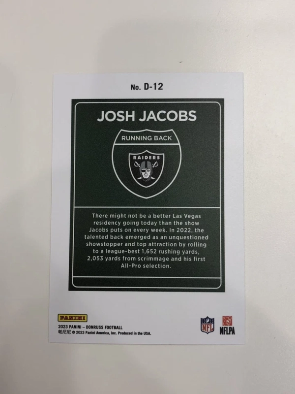 2023 Panini Donruss Downtown Josh Jacobs #D-12 - Image 2