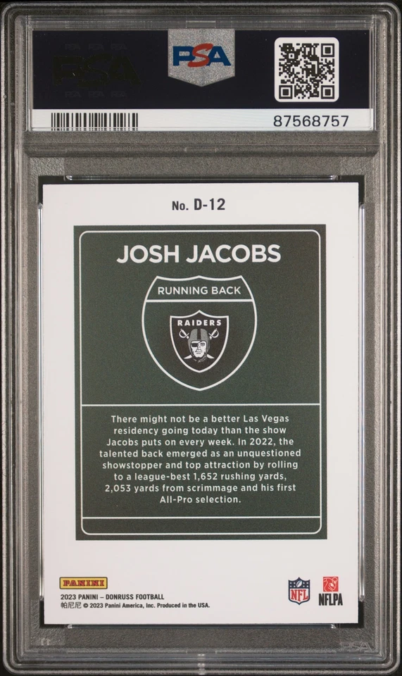 2023 Donruss #D-12 Josh Jacobs Downtown PSA 10 - Image 2