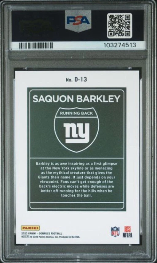 2023 PANINI DONRUSS DOWNTOWN! #D13 SAQUON BARKLEY PSA 10 - Image 2