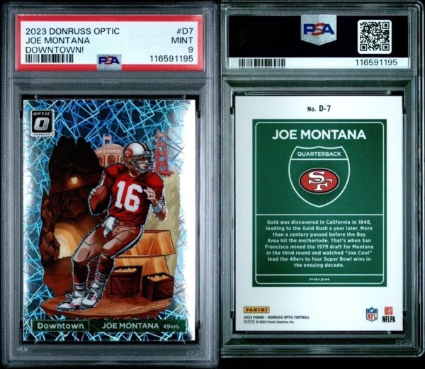 2023 Donruss Optic Joe Montana DOWNTOWN! Laser Prizm SSP #D7 Mint 49ers PSA 9 - Image 2
