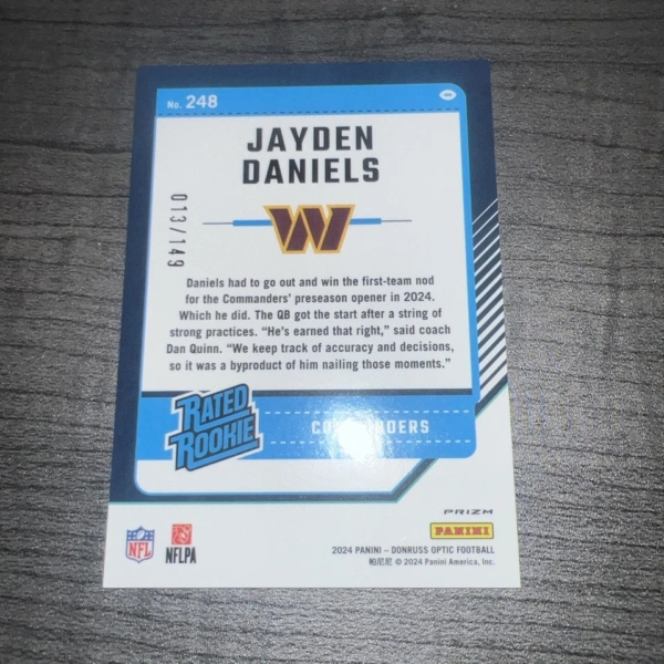2024 Panini Donruss Optic JAYDEN DANIELS #13/149 Flex Emoji Rated Rookie RC SP - Image 6