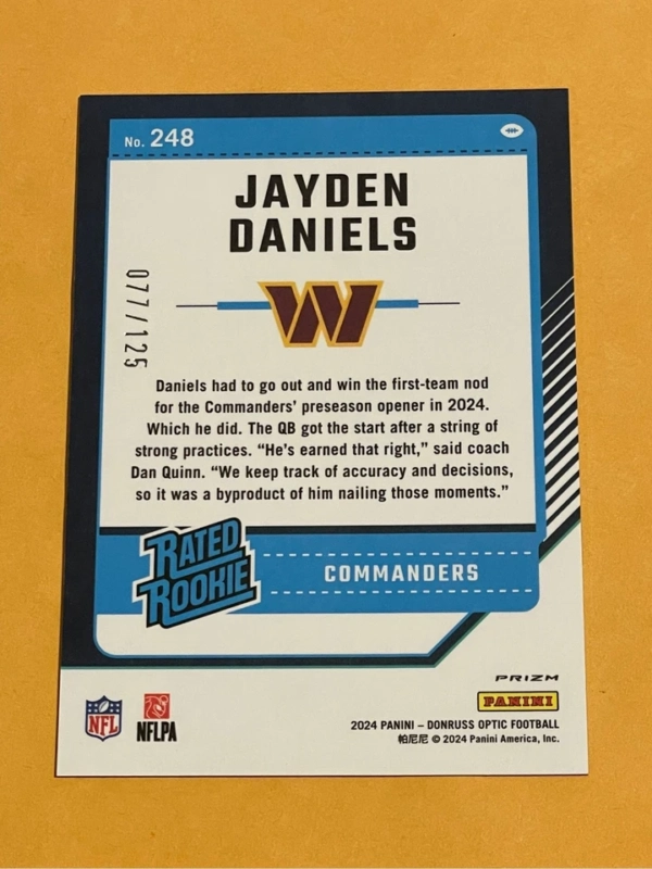 2024 Panini Donruss Optic Jayden Daniels Rookie Red Prizm Holo RC #248 /125 - Image 2