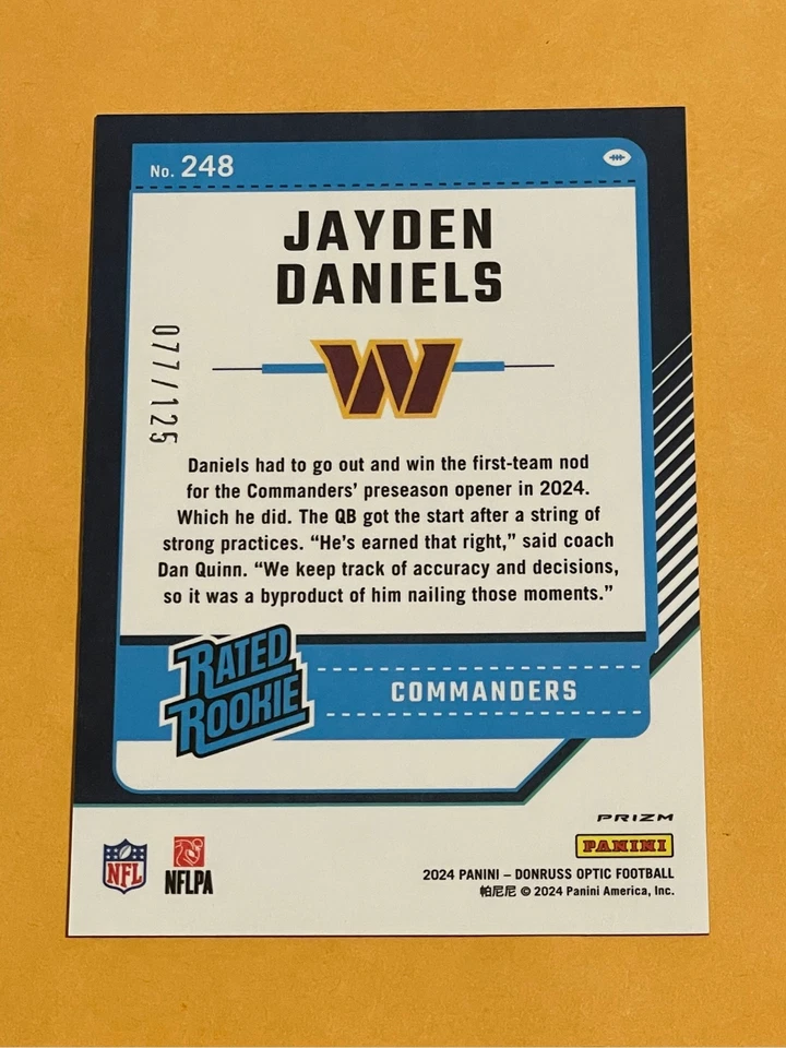 2024 Panini Donruss Optic Jayden Daniels Rookie Red Prizm Holo RC #248 /125 - Image 2