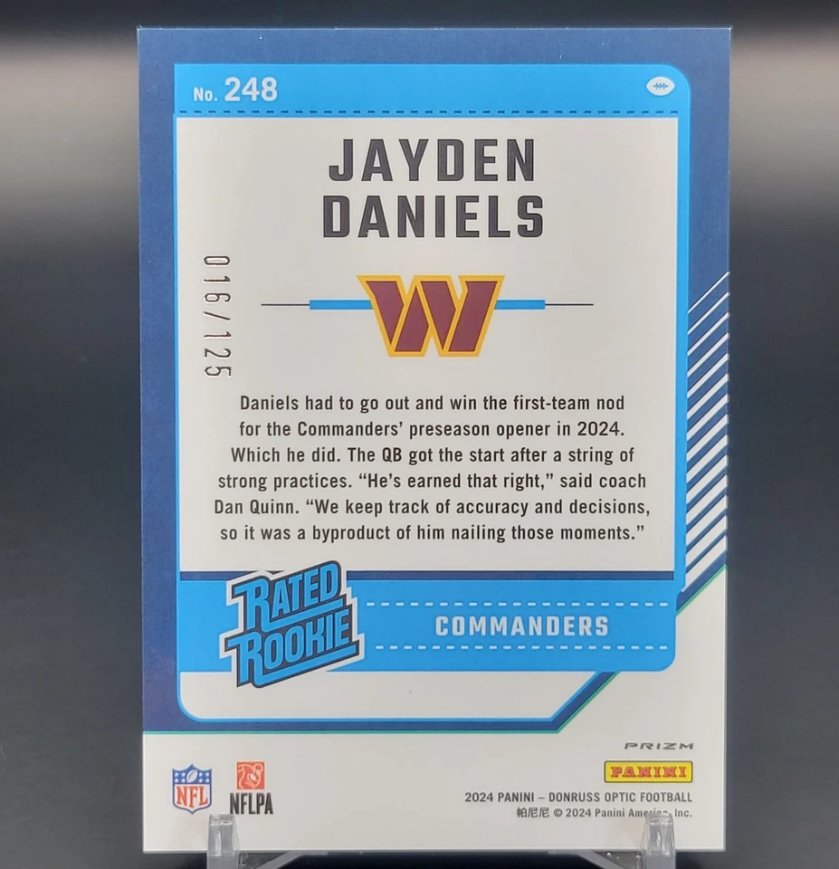 2024 Donruss Optic Rated Rookie Jayden Daniels #248 Red Prizm RC /125 TeamColor - Image 2