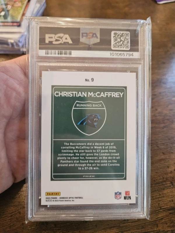 Christian Mccaffrey 2023 Panini Donruss Optic International Downtown #9 PSA 10 - Image 2