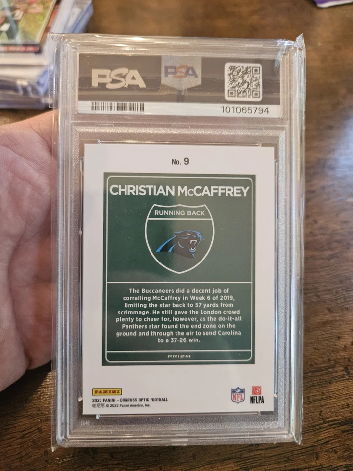 Christian Mccaffrey 2023 Panini Donruss Optic International Downtown #9 PSA 10 - Image 2