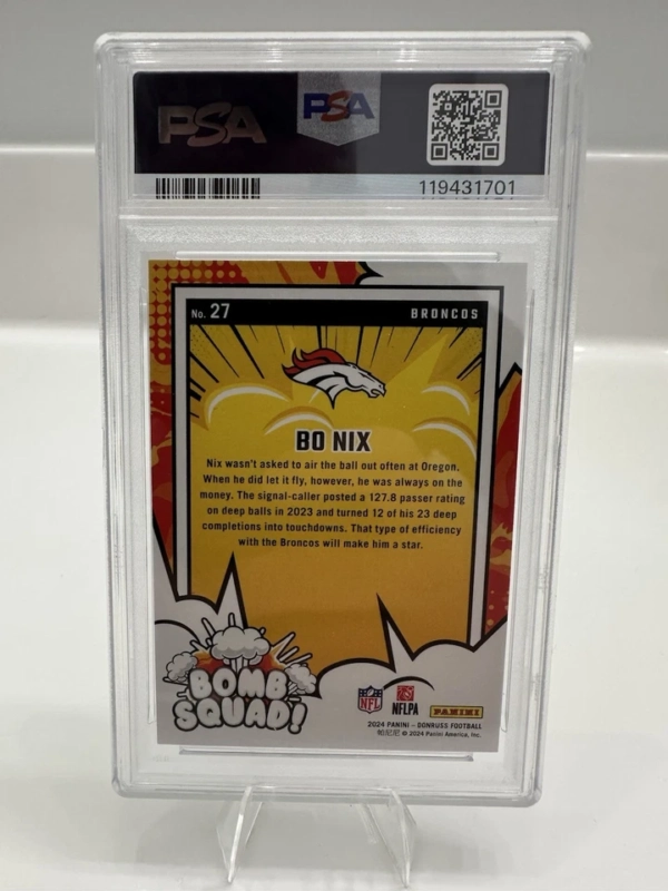 2024 Panini Donruss Bomb Squad HOLO /100 Bo Nix #27 (RC) - PSA 10 - POP 7 - Image 2
