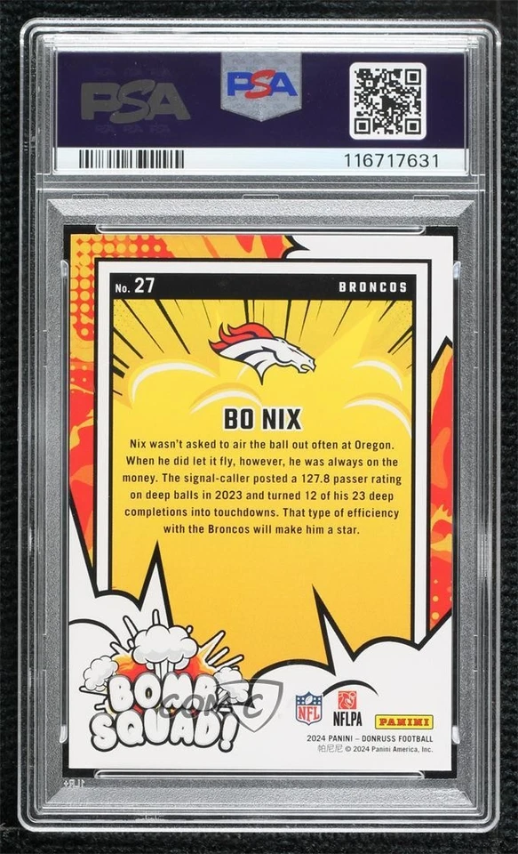 2024 Panini Donruss Bomb Squad Bo Nix #27 PSA 10 GEM MT Rookie RC - Image 3