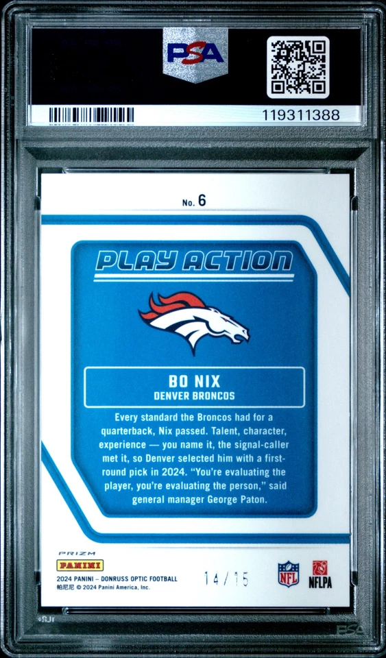 2024 Panini Donruss Optic Play Action Bo Nix #6 Ice PSA 10 - Image 2