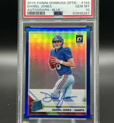 2019 Donruss Optic Daniel Jones Blue Prizm Rookie RC Auto Color Match /75 PSA 10