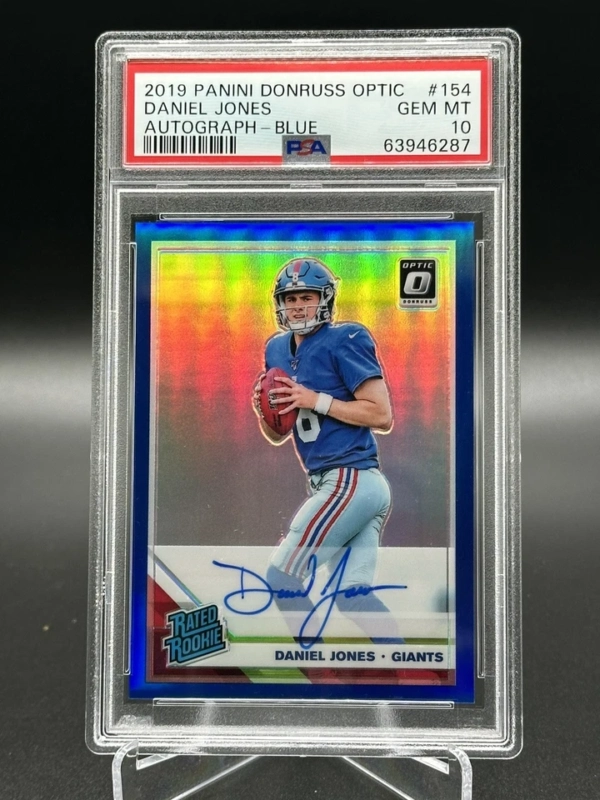 2019 Donruss Optic Daniel Jones Blue Prizm Rookie RC Auto Color Match /75 PSA 10