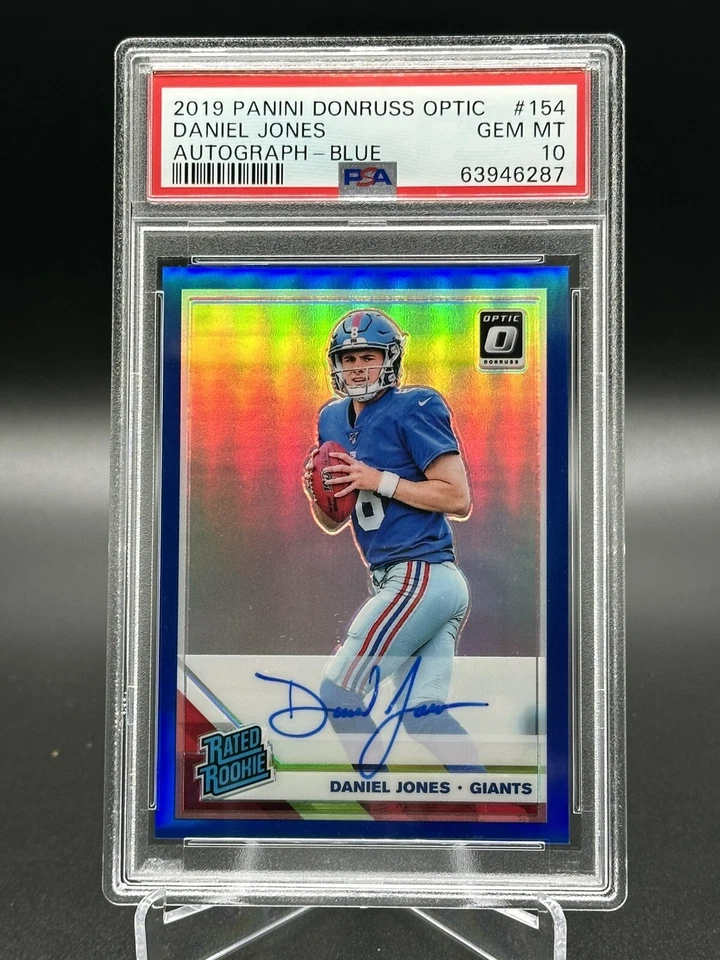 2019 Donruss Optic Daniel Jones Blue Prizm Rookie RC Auto Color Match /75 PSA 10
