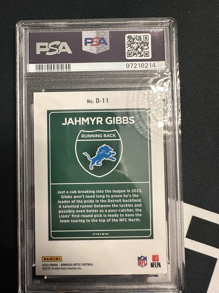 2023 Panini Donruss Optic Football Downtown D-11 Jahmyr Gibbs (RC) PSA 10 GEM MT - Image 2