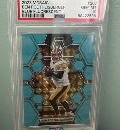 2023 Mosaic Ben Roethlisberger Blue Fluorescent /15 PSA Gem Mint 10