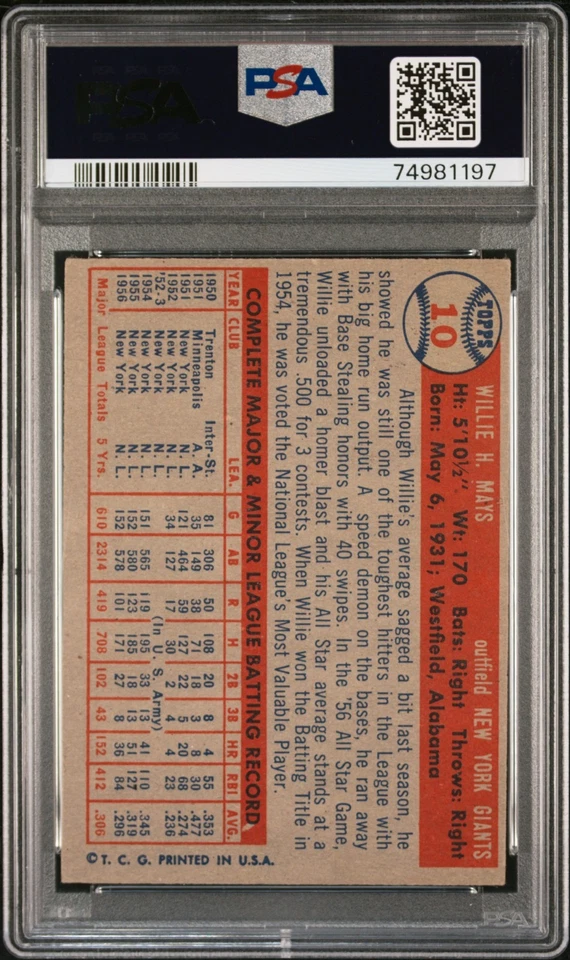 1957 TOPPS #10 WILLIE MAYS PSA EX 5 - Image 2