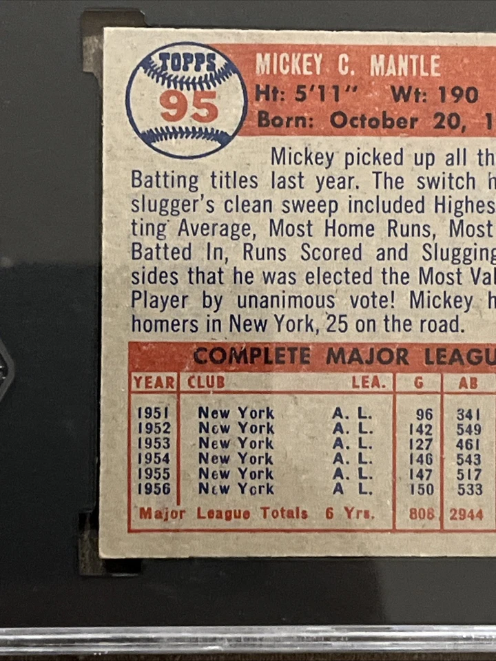 MICKEY MANTLE1957 Topps Baseball #95 HOF SGC 1 Vintage Yankees - Image 11