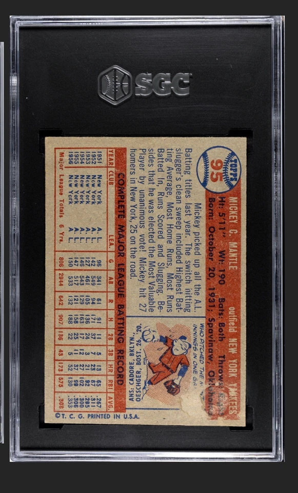MICKEY MANTLE1957 Topps Baseball #95 HOF SGC 1 Vintage Yankees - Image 14