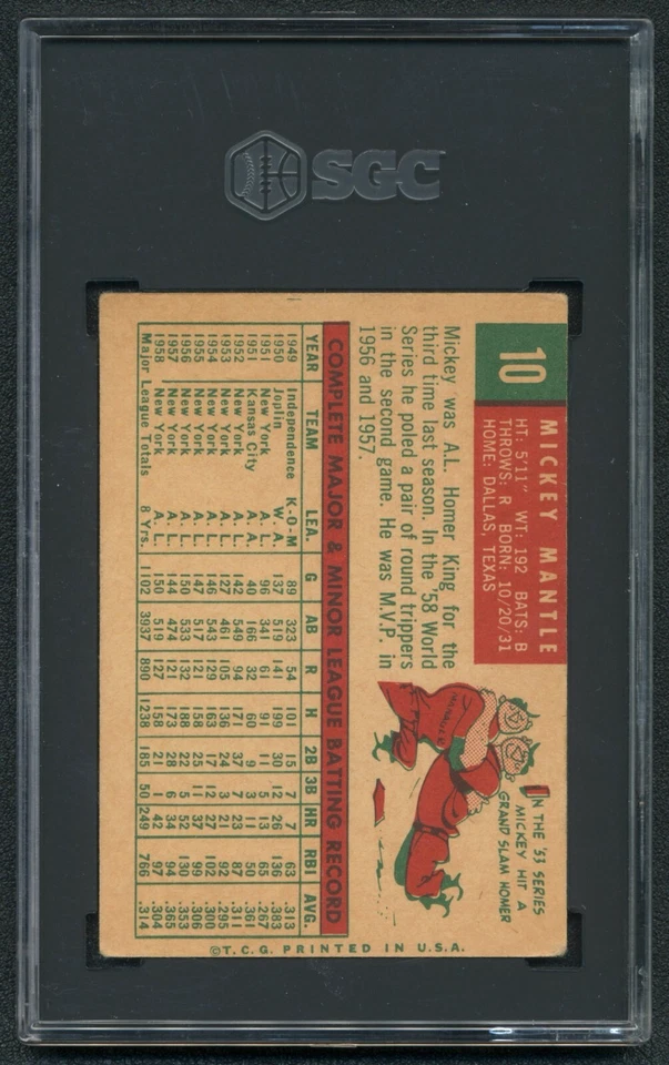 Mickey Mantle 1959 Topps SGC 3 Baseball Card Graded Vintage Yankees MLB HOF #10 - Image 2
