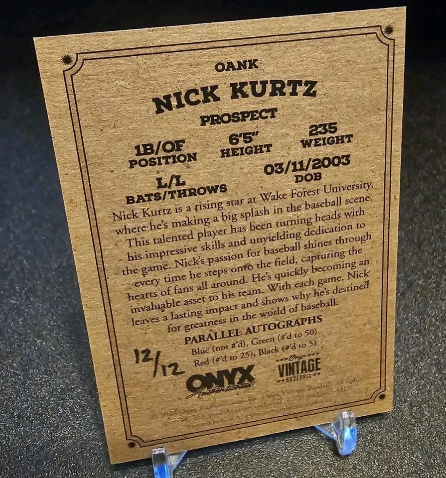 NICK KURTZ - 2023 Onyx Vintage Baseball - INSCRIPTION - Blue Ink - A's - Image 2