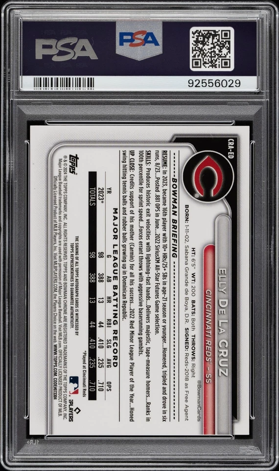 ELLY DE LA CRUZ AUTO 2024 Bowman Chrome SUPERFRACTOR REFRACTOR#/1 REDS RC PSA AU - Image 3