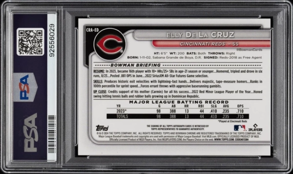 ELLY DE LA CRUZ AUTO 2024 Bowman Chrome SUPERFRACTOR REFRACTOR#/1 REDS RC PSA AU - Image 2