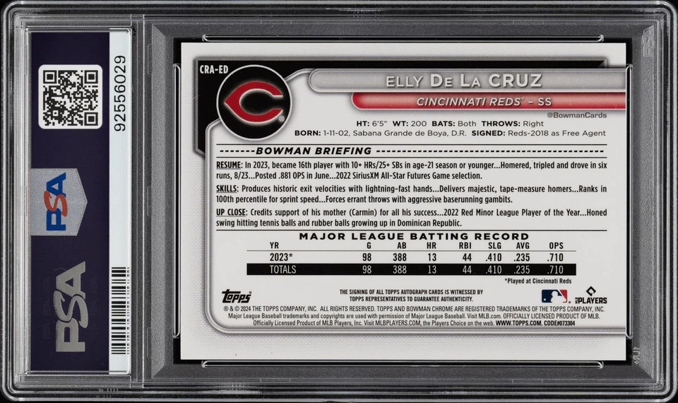 ELLY DE LA CRUZ AUTO 2024 Bowman Chrome SUPERFRACTOR REFRACTOR#/1 REDS RC PSA AU - Image 2