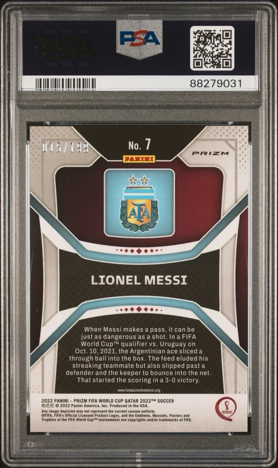 2022 Panini Prizm World Cup Argentina Lionel Messi Blue Wave /199 PSA9 - Image 2