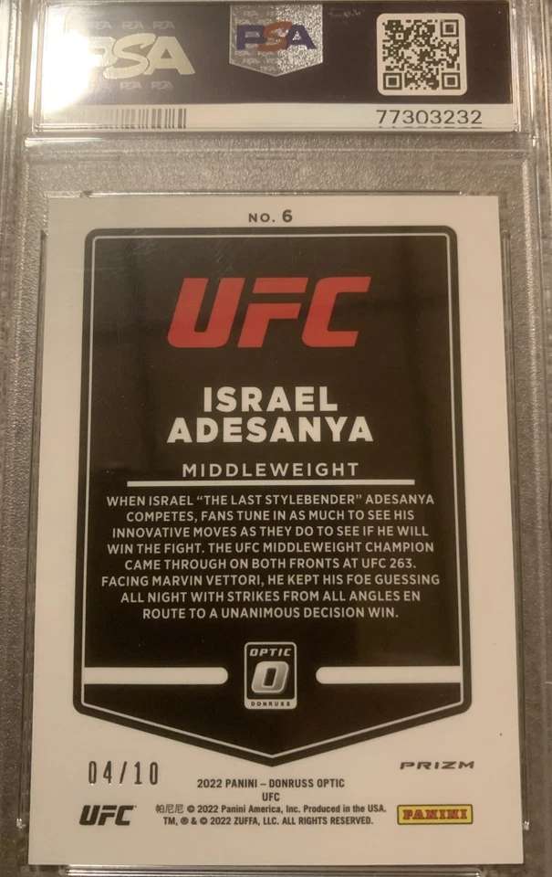 2022 Donruss Optic UFC: Israel Adesanya Gold 4/10 PSA 10 LOW POP - Image 2