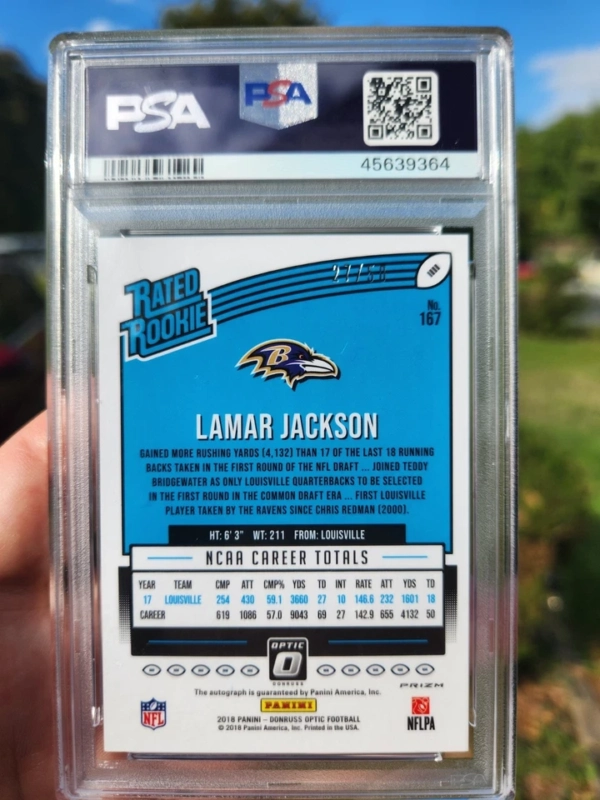 2018 Panini Donruss Optic Lamar Jackson Purple Stars RC Auto 27/50 PSA MINT 9 - Image 9